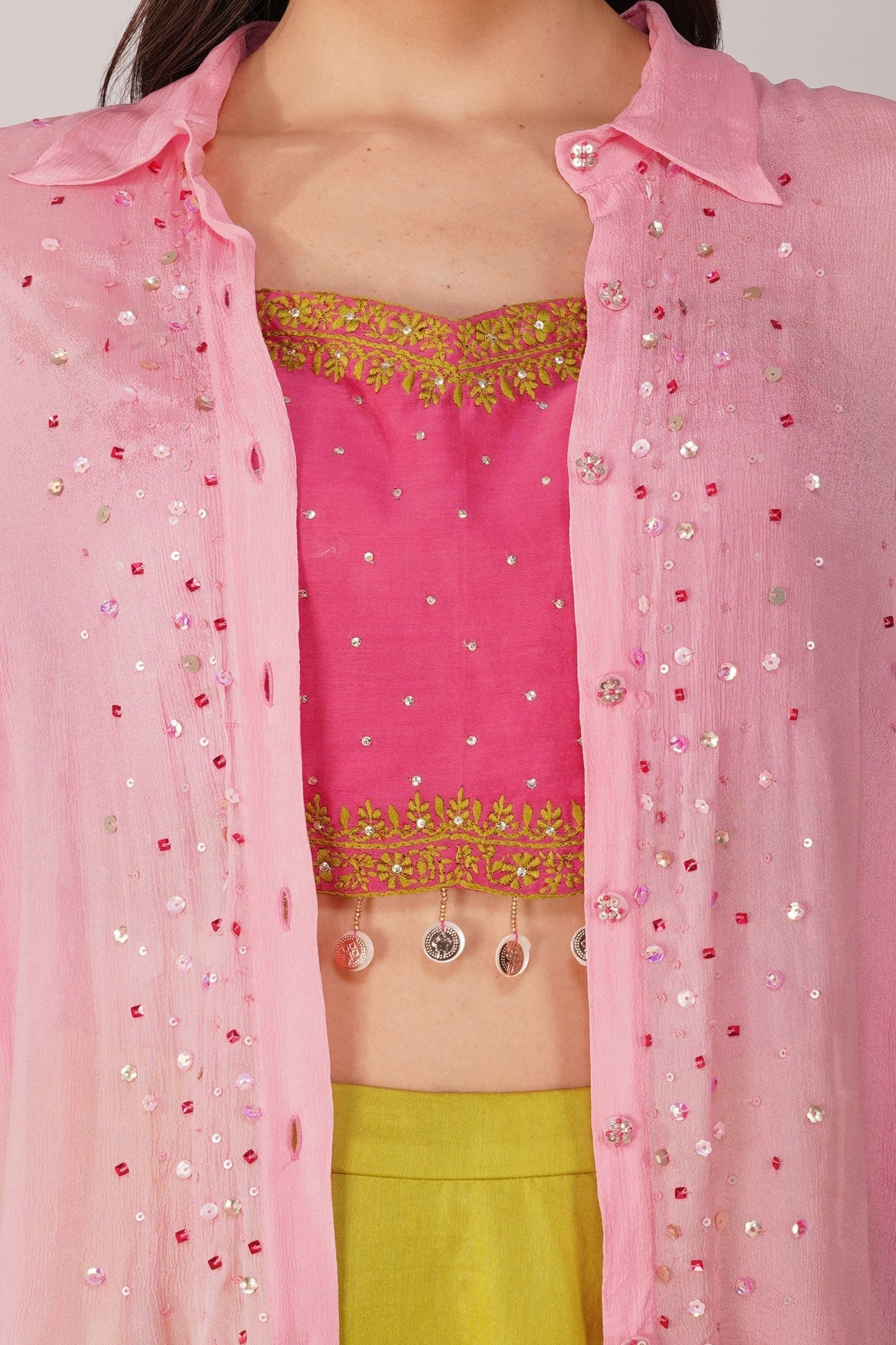 Pink Chiffon Shirt by Devyani Mehrotra with Chiffon, Embellished, Light Pink, Natural, Party Wear, Pink, Regular Fit, Womenswear at Kamakhyaa for sustainable fashion