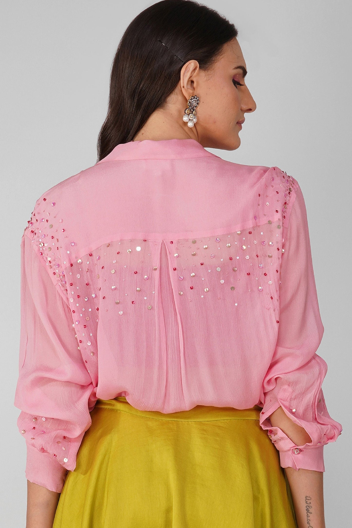 Pink Chiffon Shirt by Devyani Mehrotra with Chiffon, Embellished, Light Pink, Natural, Party Wear, Pink, Regular Fit, Womenswear at Kamakhyaa for sustainable fashion