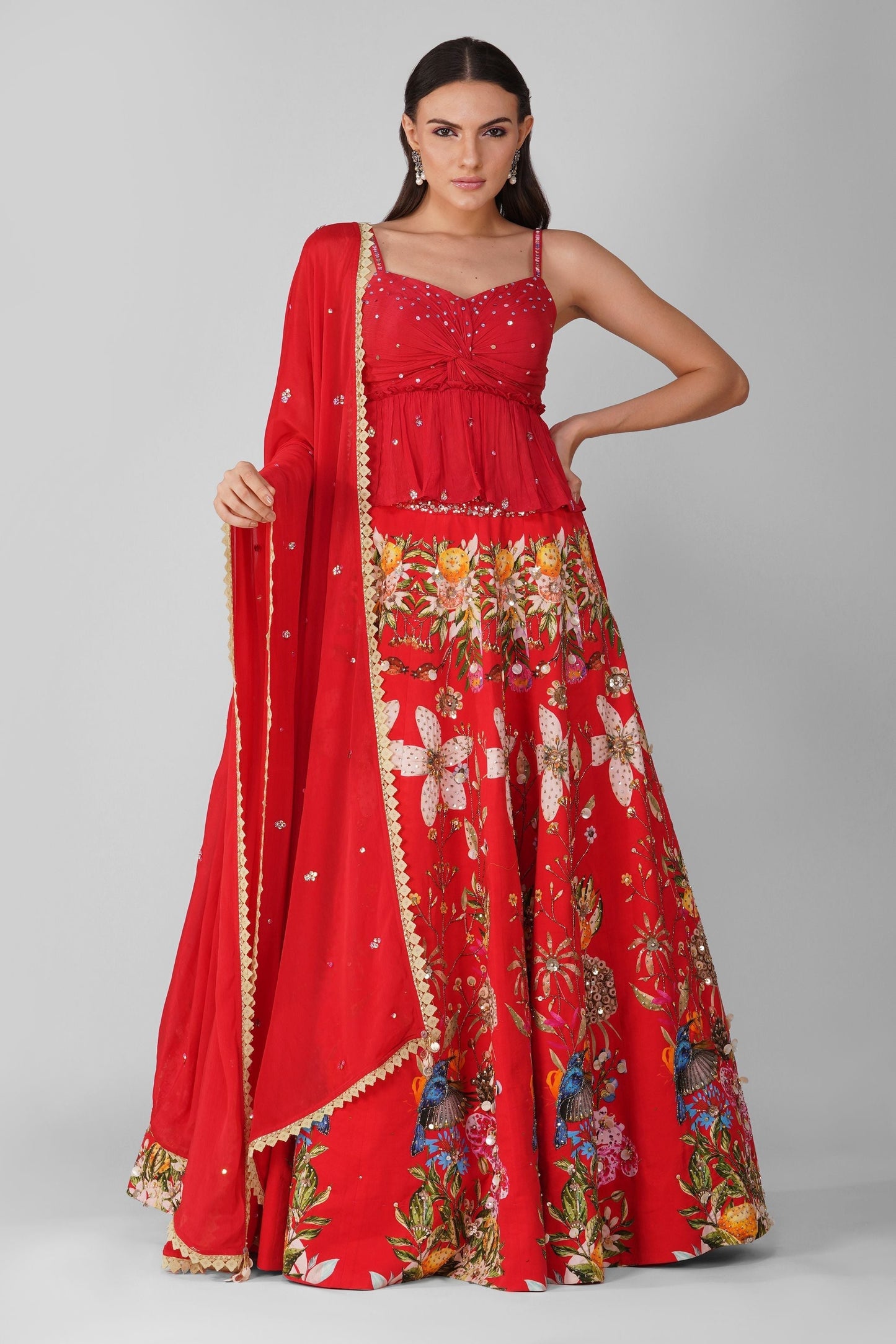 Red Chanderi Printed Lehenga Set by Devyani Mehrotra with Chanderi, Embellished, Indian Wear, Modal Satin, Multicolor, Natural, Party Wear, Red, Regular Fit, Womenswear at Kamakhyaa for sustainable fashion