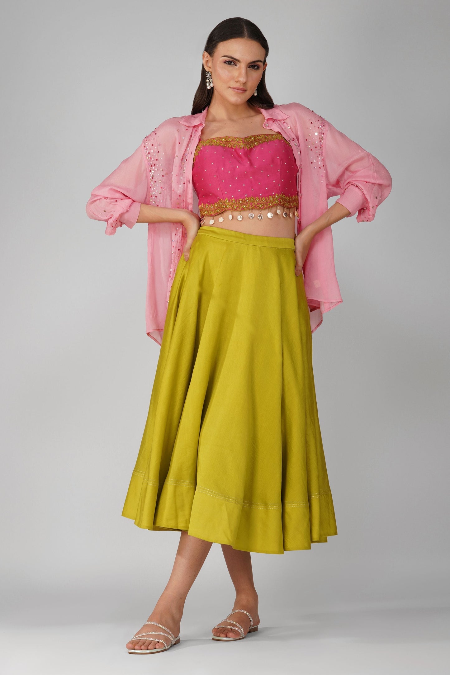 Pink Crop Top And Green Skirt Chanderi Set by Devyani Mehrotra with Chanderi, Complete Sets, Embellished, Green, Indian Wear, Natural, Party Wear, Pink, Regular Fit, Womenswear at Kamakhyaa for sustainable fashion