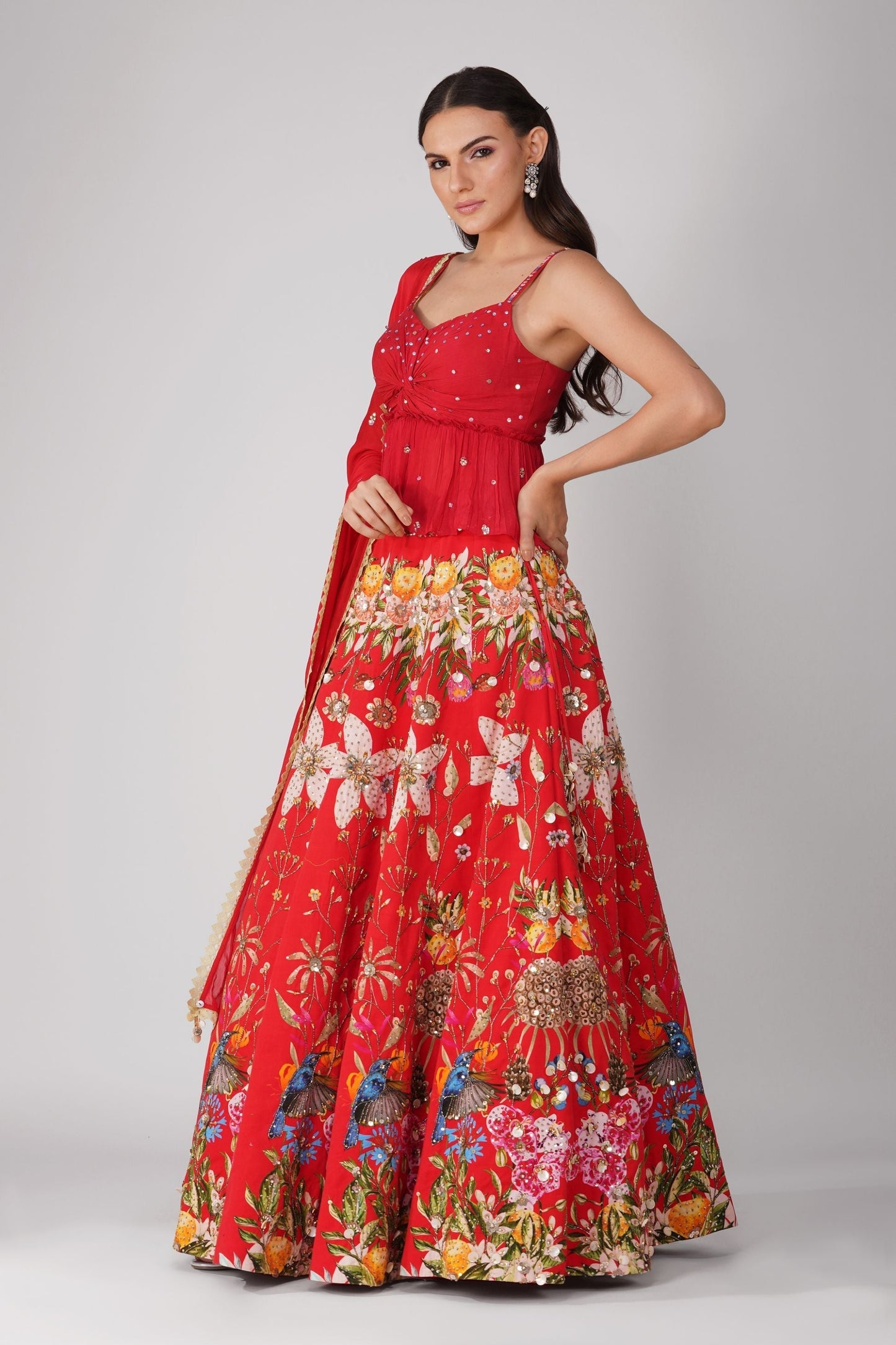Red Chanderi Printed Lehenga Set by Devyani Mehrotra with Chanderi, Embellished, Indian Wear, Modal Satin, Multicolor, Natural, Party Wear, Red, Regular Fit, Womenswear at Kamakhyaa for sustainable fashion
