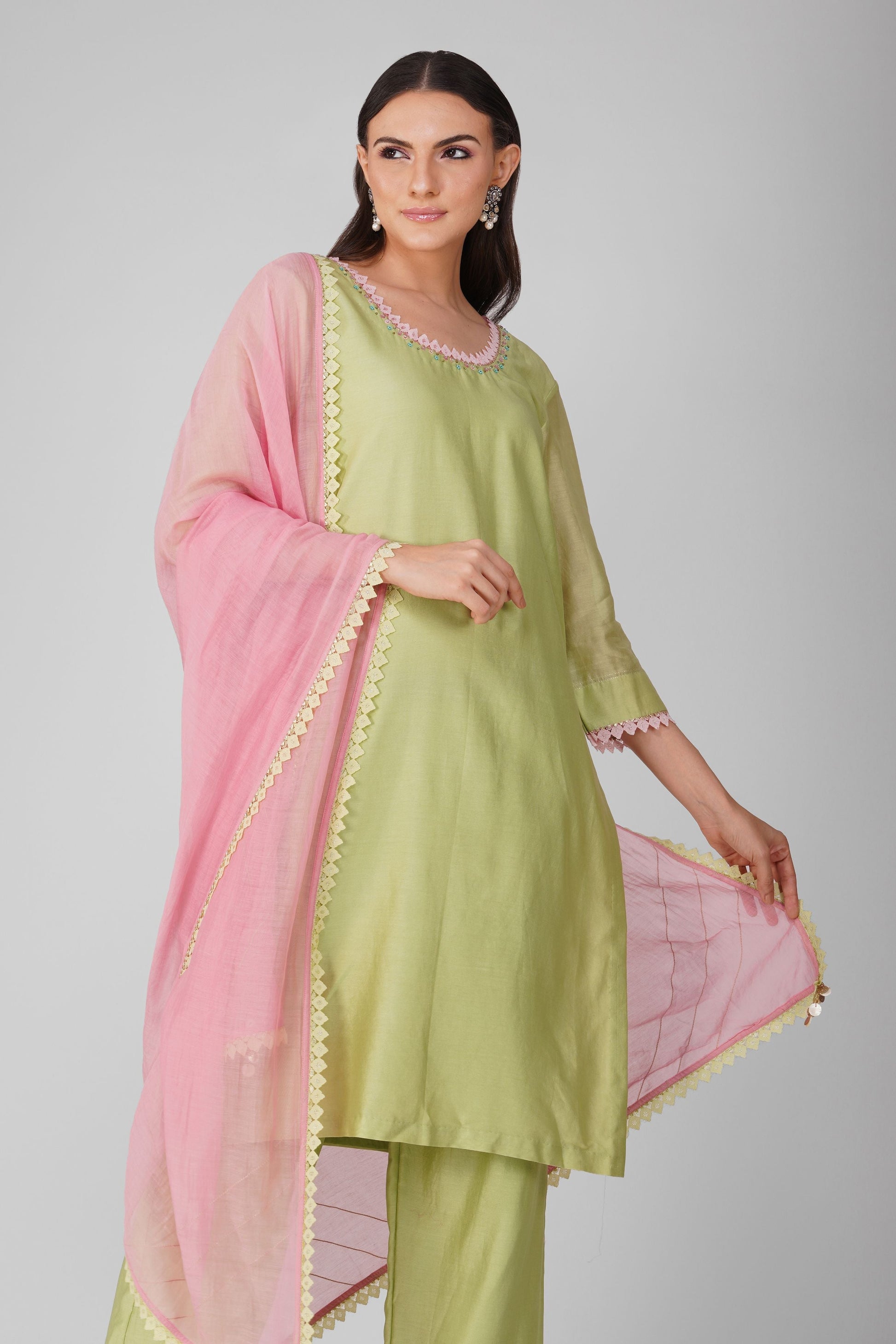 Green-Pink Chanderi Kurta Pant Set by Devyani Mehrotra with Chanderi, Embellished, Green, Indian Wear, Natural, Party Wear, Pink, Regular Fit, Womenswear at Kamakhyaa for sustainable fashion