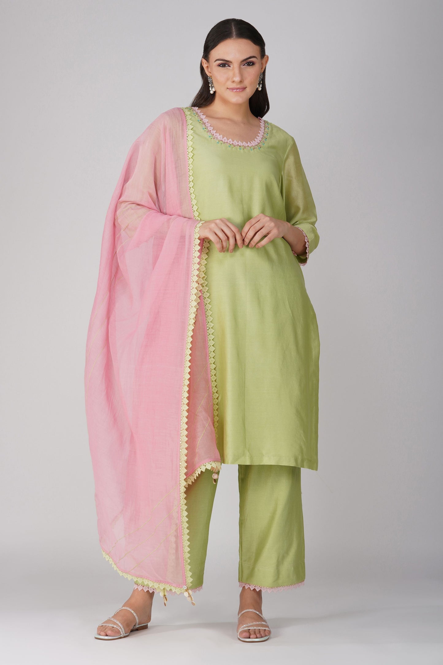 Green-Pink Chanderi Kurta Pant Set by Devyani Mehrotra with Chanderi, Embellished, Green, Indian Wear, Natural, Party Wear, Pink, Regular Fit, Womenswear at Kamakhyaa for sustainable fashion