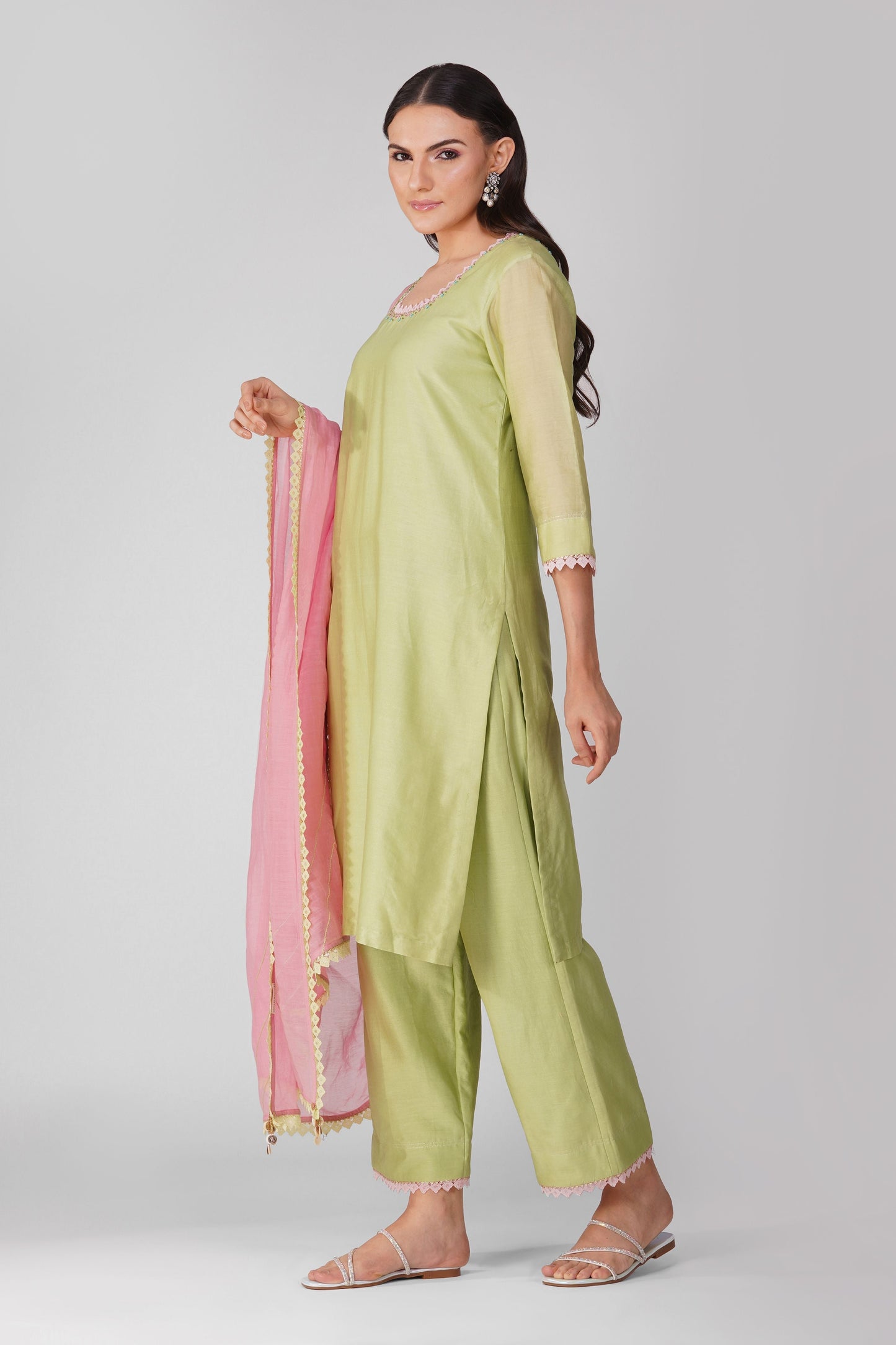 Green-Pink Chanderi Kurta Pant Set by Devyani Mehrotra with Chanderi, Embellished, Green, Indian Wear, Natural, Party Wear, Pink, Regular Fit, Womenswear at Kamakhyaa for sustainable fashion