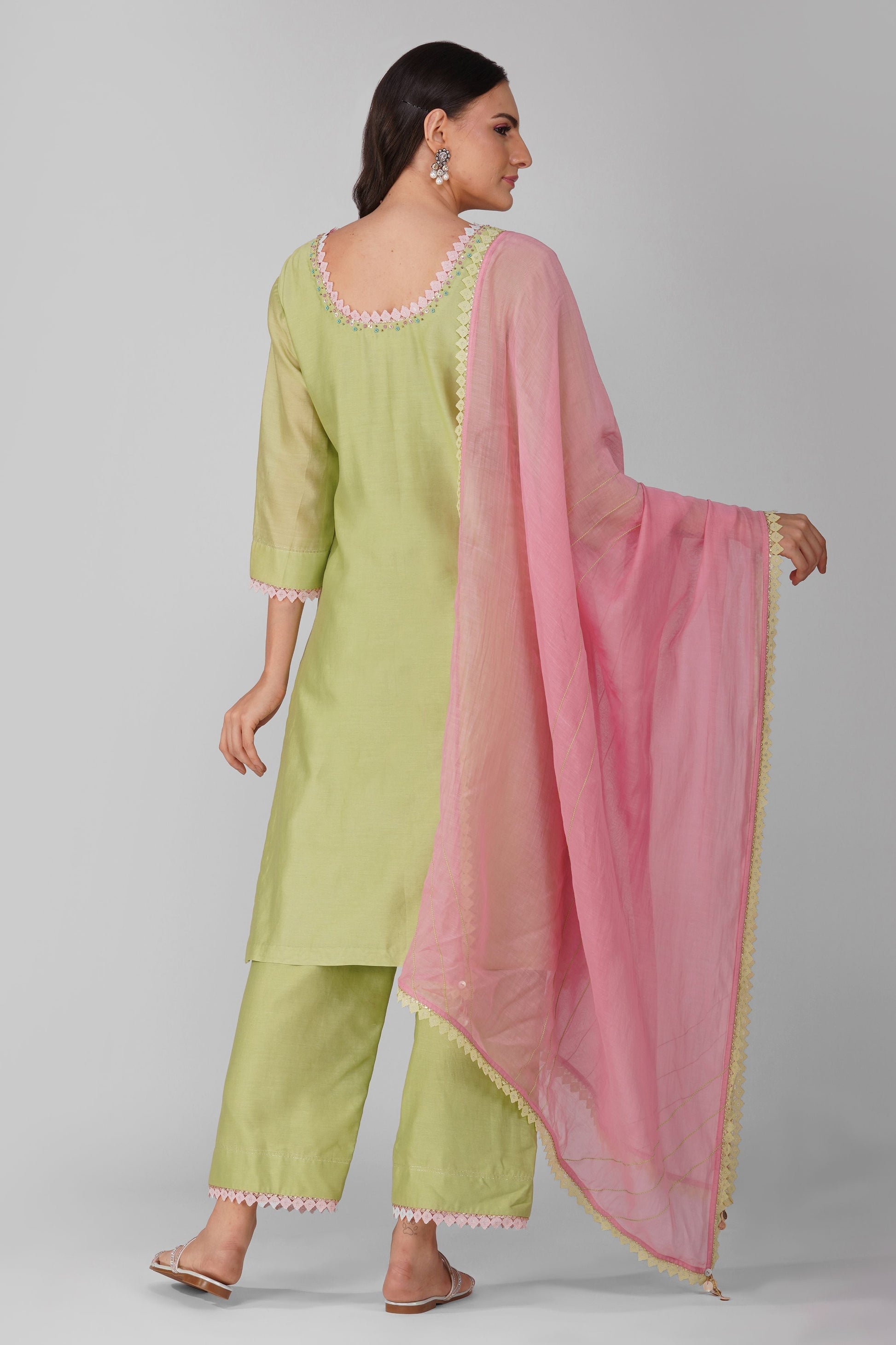 Green-Pink Chanderi Kurta Pant Set by Devyani Mehrotra with Chanderi, Embellished, Green, Indian Wear, Natural, Party Wear, Pink, Regular Fit, Womenswear at Kamakhyaa for sustainable fashion