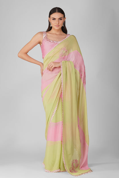 Pink And Green Striped Saree Set by Devyani Mehrotra with Chiffon, Embellished, Green, Indian Wear, Light Pink, Natural, Party Wear, Pink, Regular Fit, Saree Sets, Stripes, Womenswear at Kamakhyaa for sustainable fashion