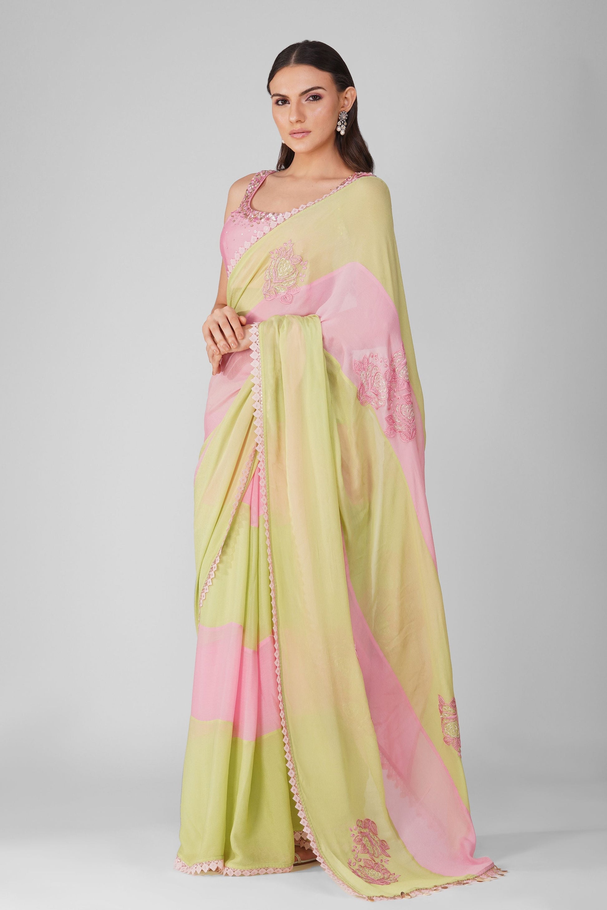 Pink And Green Striped Saree Set by Devyani Mehrotra with Chiffon, Embellished, Green, Indian Wear, Light Pink, Natural, Party Wear, Pink, Regular Fit, Saree Sets, Stripes, Womenswear at Kamakhyaa for sustainable fashion