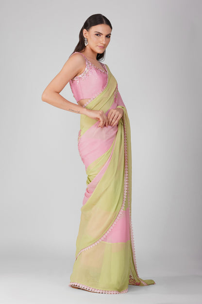 Pink And Green Striped Saree Set by Devyani Mehrotra with Chiffon, Embellished, Green, Indian Wear, Light Pink, Natural, Party Wear, Pink, Regular Fit, Saree Sets, Stripes, Womenswear at Kamakhyaa for sustainable fashion