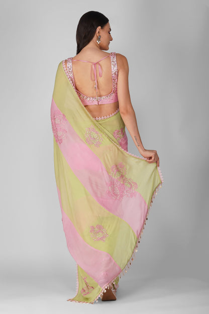 Pink And Green Striped Saree Set by Devyani Mehrotra with Chiffon, Embellished, Green, Indian Wear, Light Pink, Natural, Party Wear, Pink, Regular Fit, Saree Sets, Stripes, Womenswear at Kamakhyaa for sustainable fashion