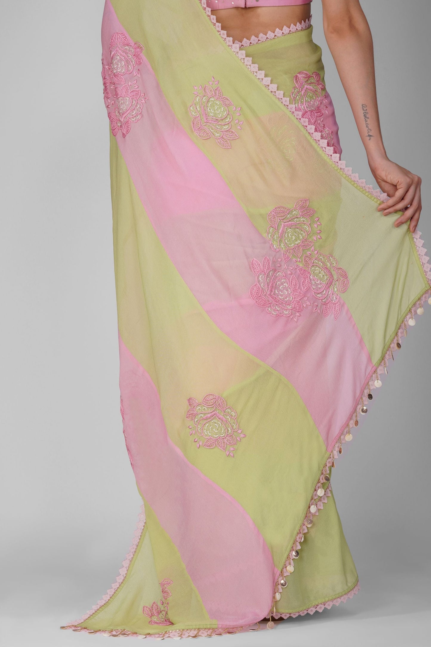 Pink And Green Striped Saree Set by Devyani Mehrotra with Chiffon, Embellished, Green, Indian Wear, Light Pink, Natural, Party Wear, Pink, Regular Fit, Saree Sets, Stripes, Womenswear at Kamakhyaa for sustainable fashion