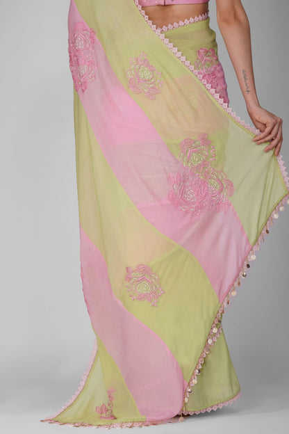 Pink And Green Striped Saree Set by Devyani Mehrotra with Chiffon, Embellished, Green, Indian Wear, Light Pink, Natural, Party Wear, Pink, Regular Fit, Saree Sets, Stripes, Womenswear at Kamakhyaa for sustainable fashion