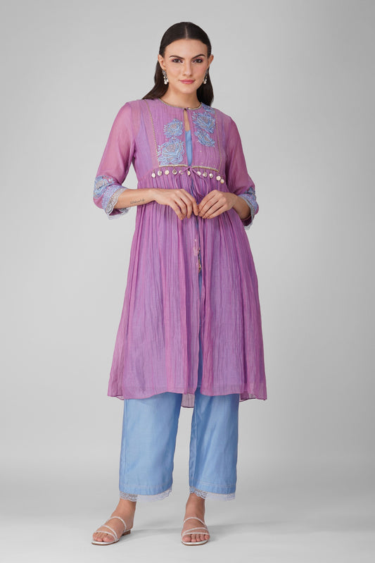 Purple Gathered Jacket Kurta Set by Devyani Mehrotra with Chanderi, Embellished, Hand Embroidered, Indian Wear, Natural, Party Wear, Purple, Regular Fit, Womenswear at Kamakhyaa for sustainable fashion