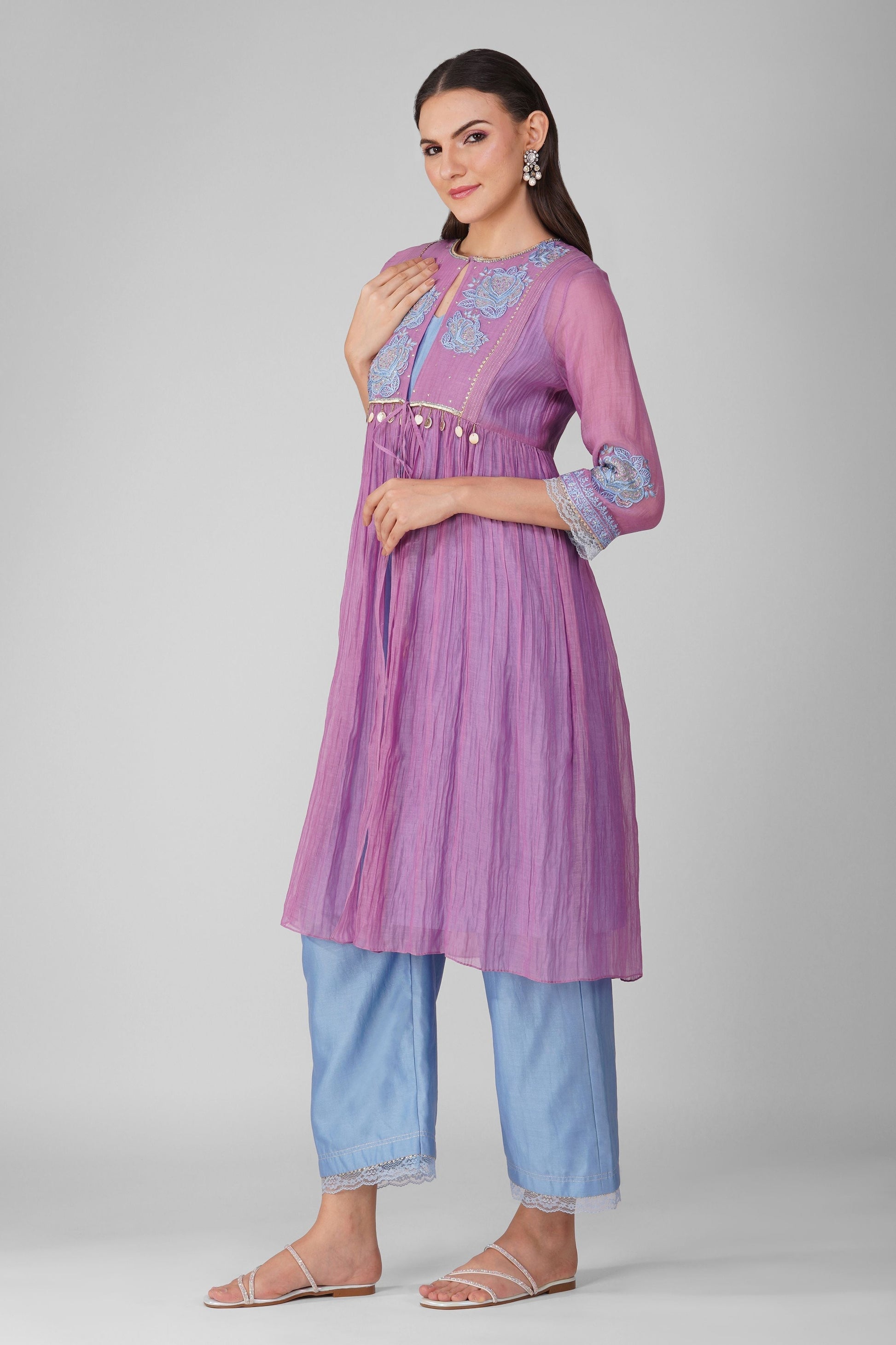 Purple Gathered Jacket Kurta Set by Devyani Mehrotra with Chanderi, Embellished, Hand Embroidered, Indian Wear, Natural, Party Wear, Purple, Regular Fit, Womenswear at Kamakhyaa for sustainable fashion