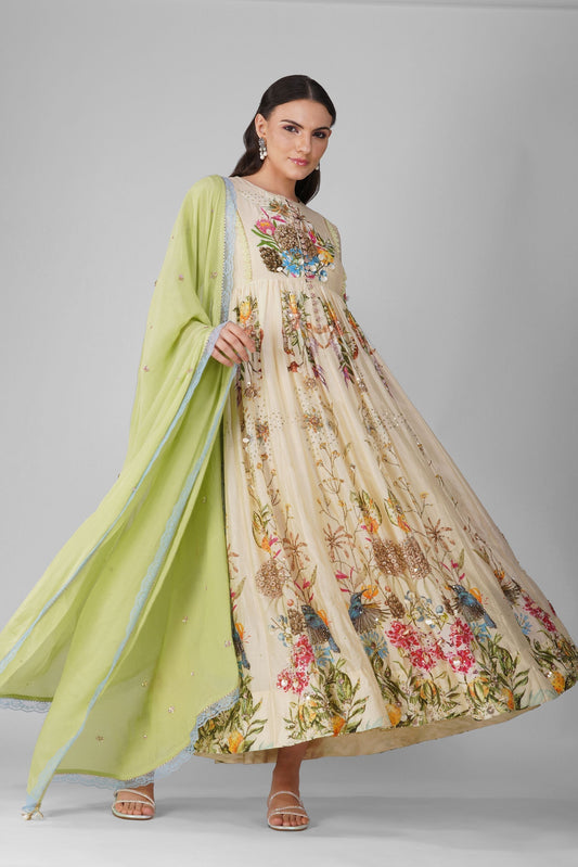 Multicolor Printed Anarkali Set by Devyani Mehrotra with Beige, Embellished, Indian Wear, Multicolor, Natural, Party Wear, Regular Fit, Silk, Viscose, Womenswear at Kamakhyaa for sustainable fashion