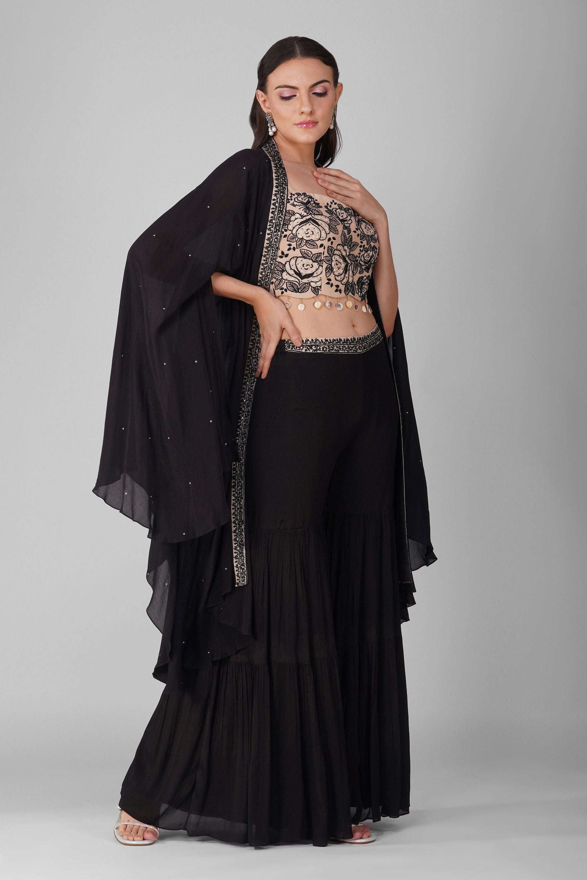 Black Chiffon Cape And Garara Set by Devyani Mehrotra with Black, Chiffon, Embellished, Indian Wear, Natural, Party Wear, Regular Fit, Womenswear at Kamakhyaa for sustainable fashion