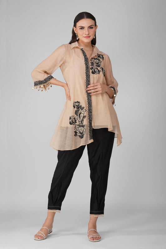 Beige Chanderi Asymmetric Shirt Set by Devyani Mehrotra with Black, Chanderi, Embellished, Indian Wear, Natural, Party Wear, Regular Fit, Womenswear at Kamakhyaa for sustainable fashion
