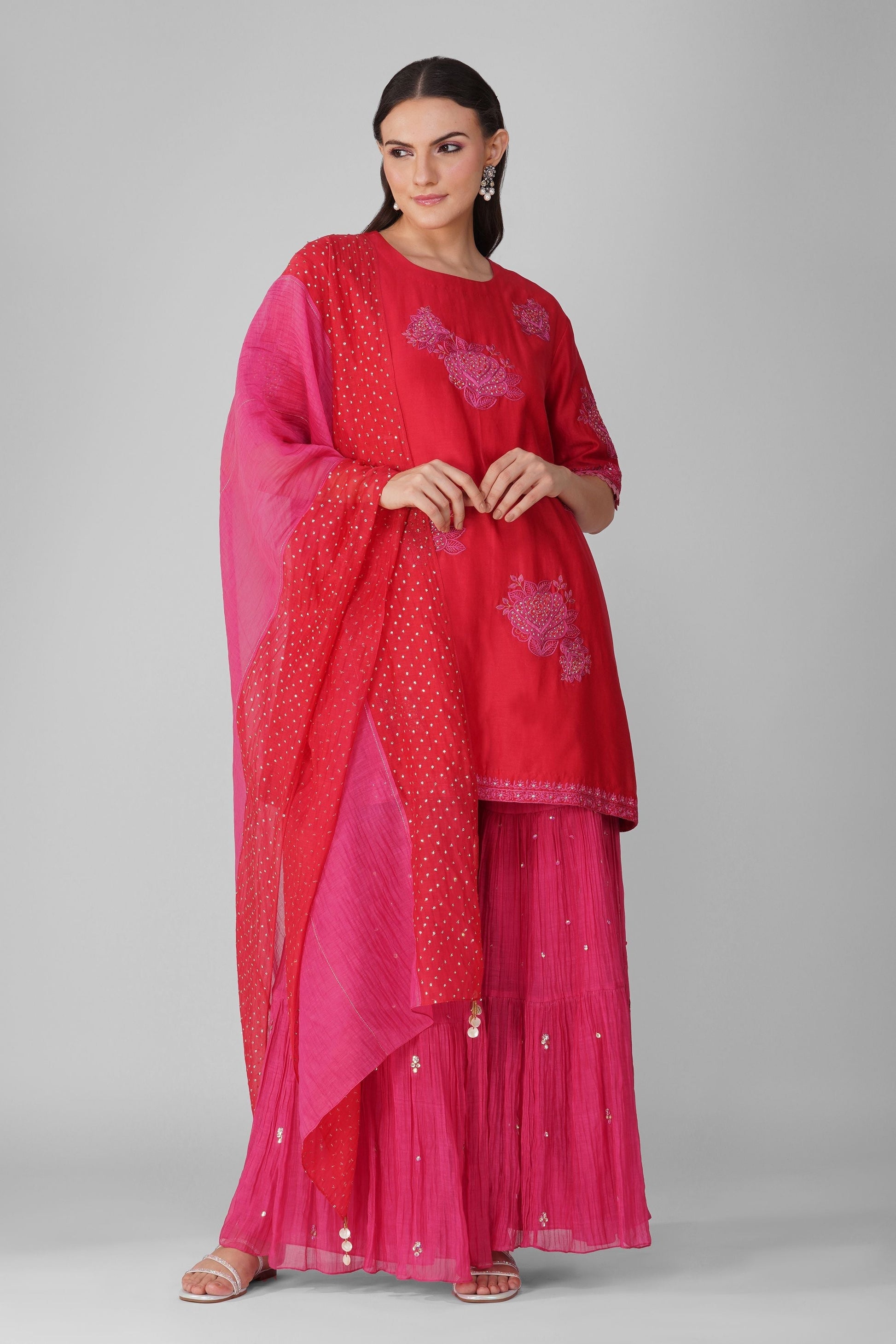 Pink And Red Chanderi Two-Tone Garara Set by Devyani Mehrotra with Chanderi, Hand Embroidered, Indian Wear, Natural, Party Wear, Pink, Red, Regular Fit, Womenswear at Kamakhyaa for sustainable fashion