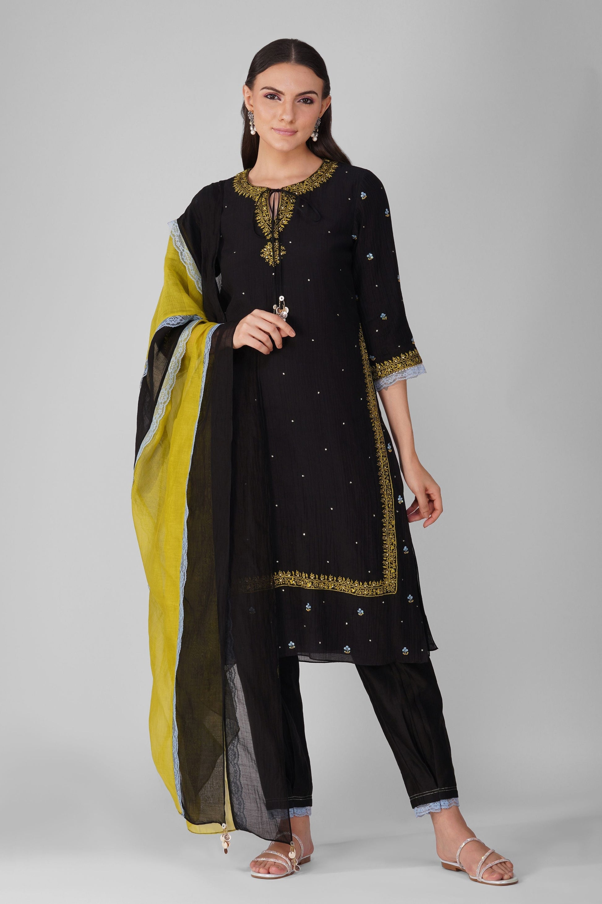 Black Chanderi Kurta Pant set by Devyani Mehrotra with Black, Chanderi, Embellished, Indian Wear, Natural, Party Wear, Regular Fit, Womenswear at Kamakhyaa for sustainable fashion