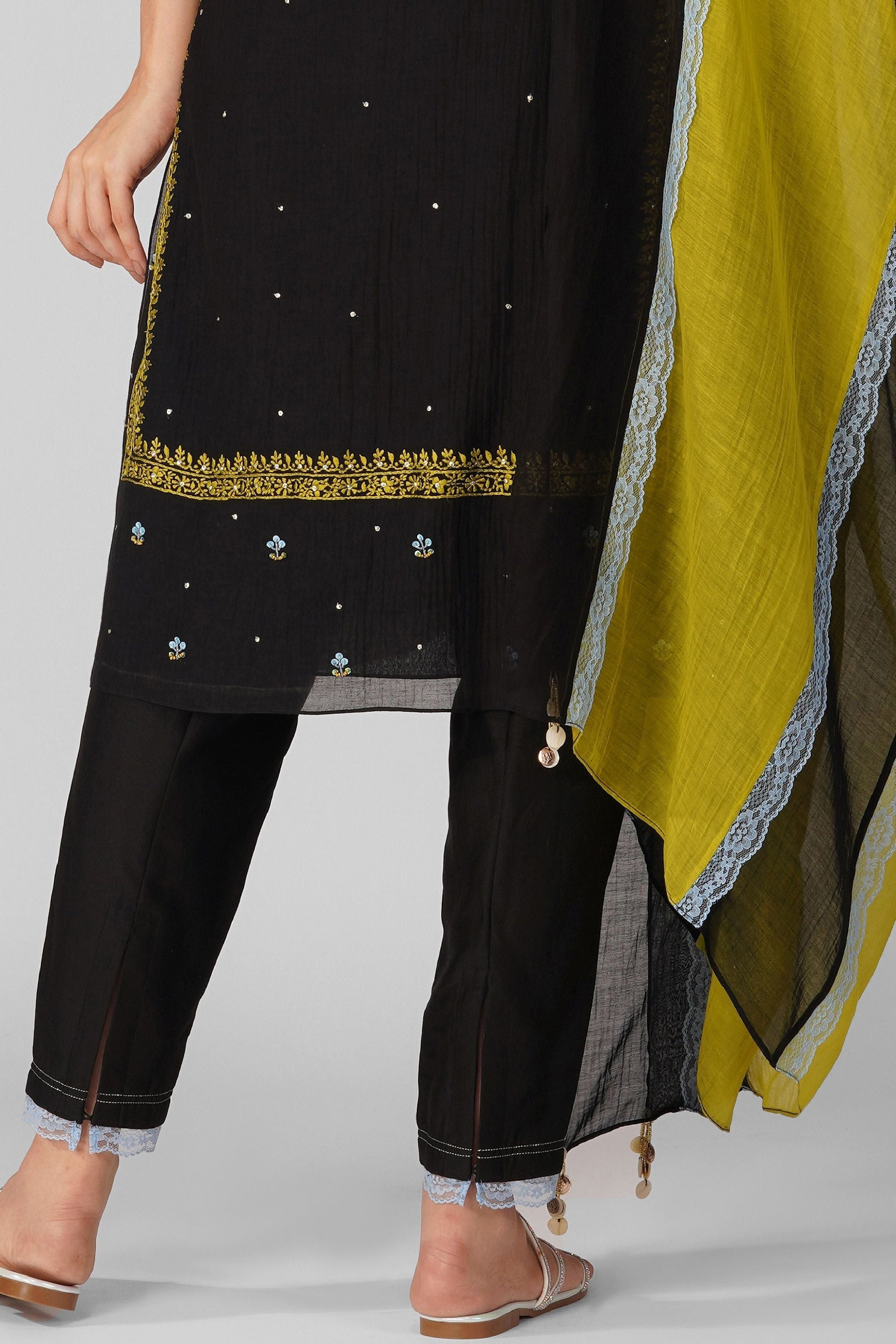 Black Chanderi Kurta Pant set by Devyani Mehrotra with Black, Chanderi, Embellished, Indian Wear, Natural, Party Wear, Regular Fit, Womenswear at Kamakhyaa for sustainable fashion