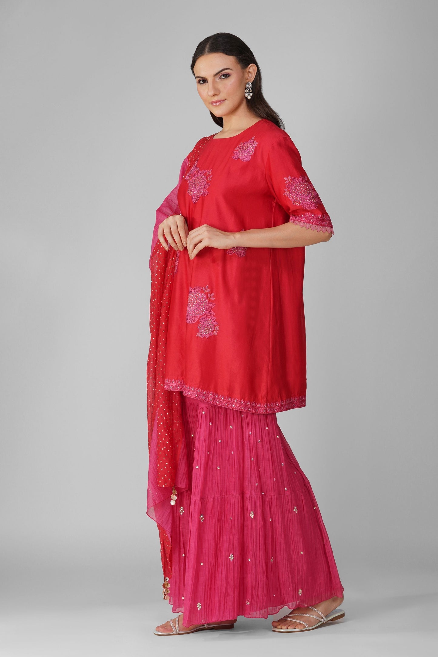 Pink And Red Chanderi Two-Tone Garara Set by Devyani Mehrotra with Chanderi, Hand Embroidered, Indian Wear, Natural, Party Wear, Pink, Red, Regular Fit, Womenswear at Kamakhyaa for sustainable fashion