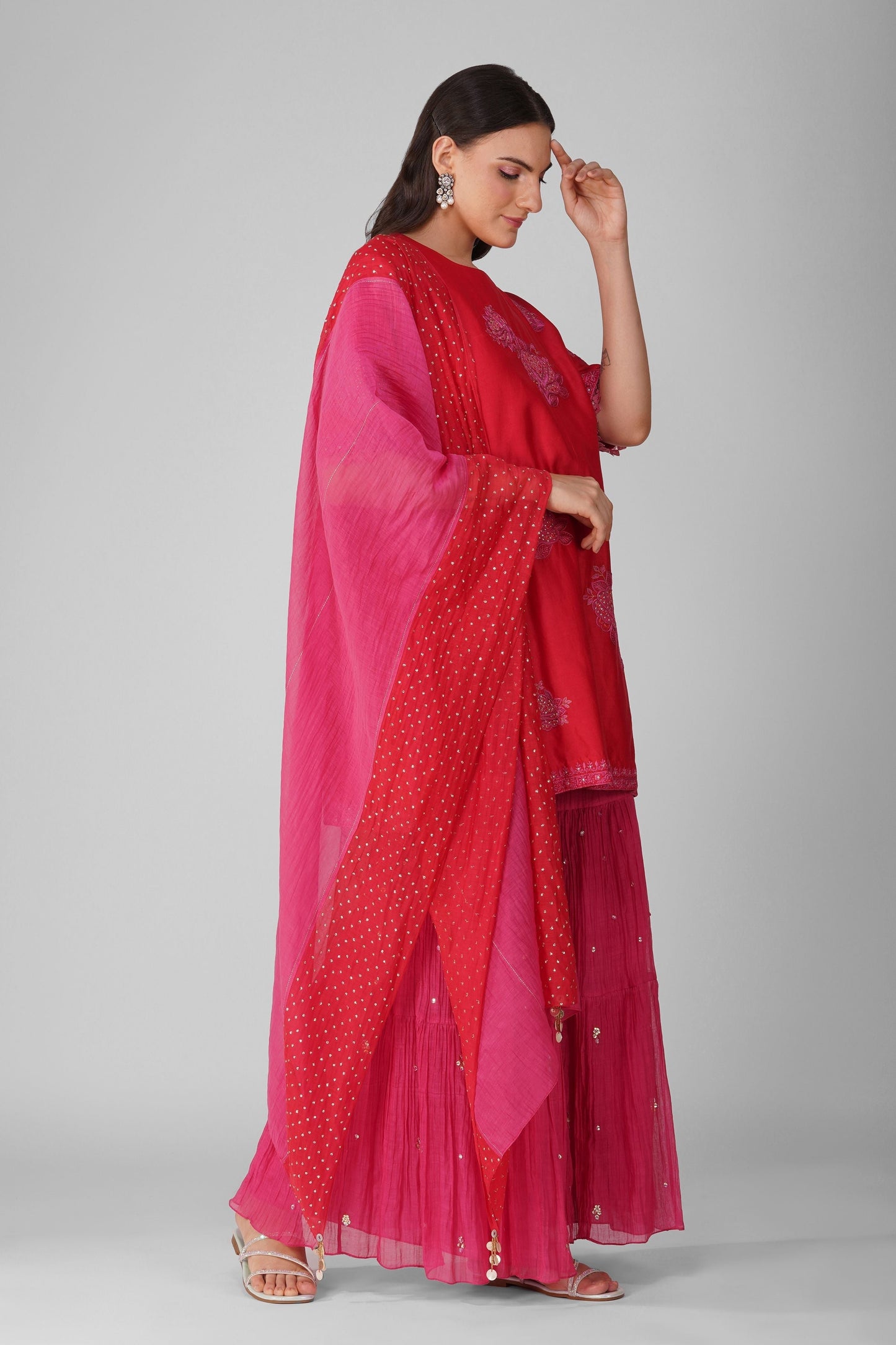 Pink And Red Chanderi Two-Tone Garara Set by Devyani Mehrotra with Chanderi, Hand Embroidered, Indian Wear, Natural, Party Wear, Pink, Red, Regular Fit, Womenswear at Kamakhyaa for sustainable fashion