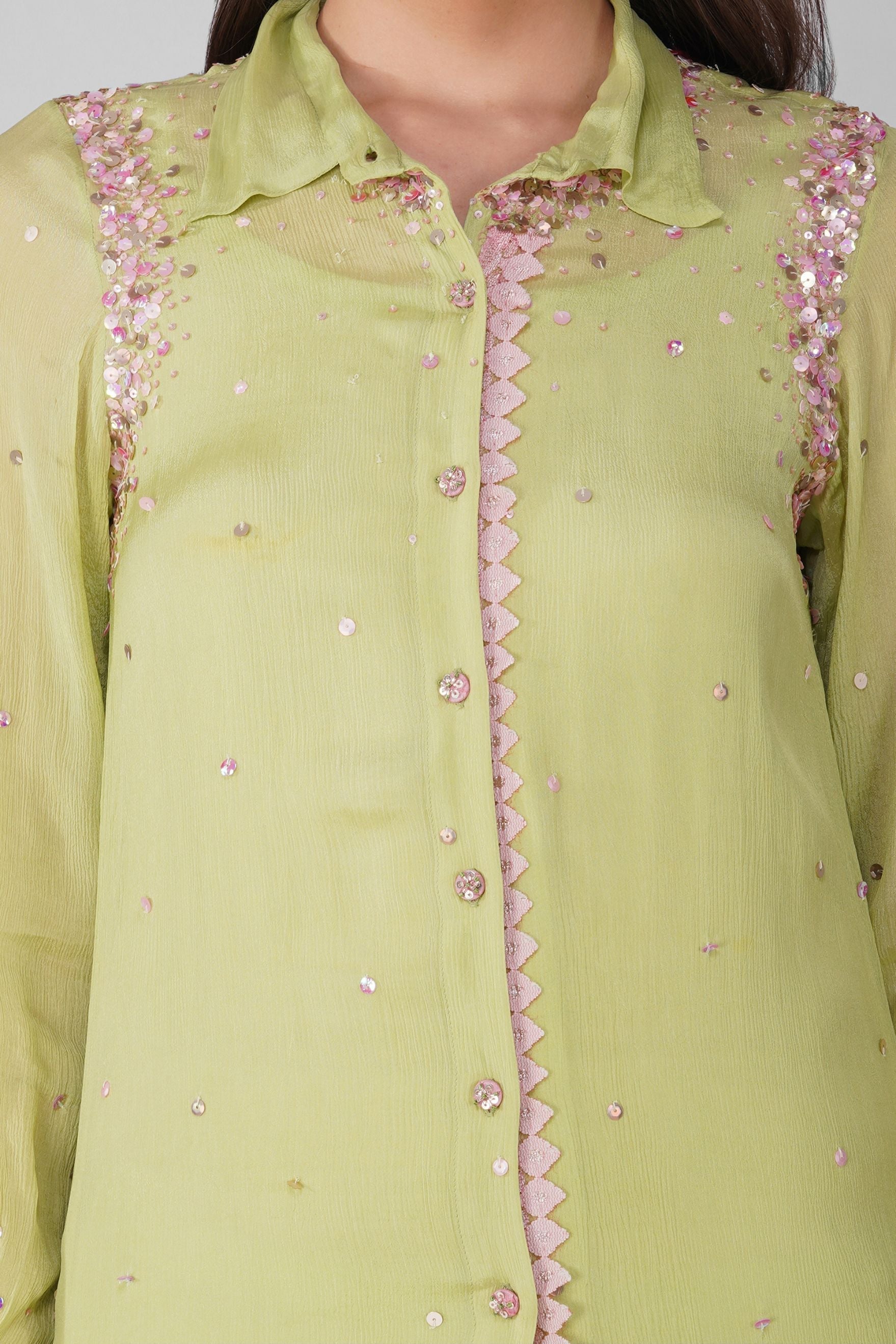 Green Chiffon Shirt Set by Devyani Mehrotra with Chiffon, Embellished, Green, Indian Wear, Natural, Party Wear, Regular Fit, Womenswear at Kamakhyaa for sustainable fashion