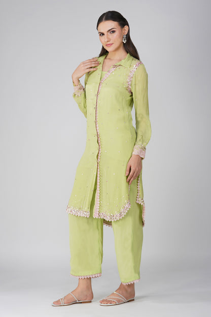 Green Chiffon Shirt Set by Devyani Mehrotra with Chiffon, Embellished, Green, Indian Wear, Natural, Party Wear, Regular Fit, Womenswear at Kamakhyaa for sustainable fashion