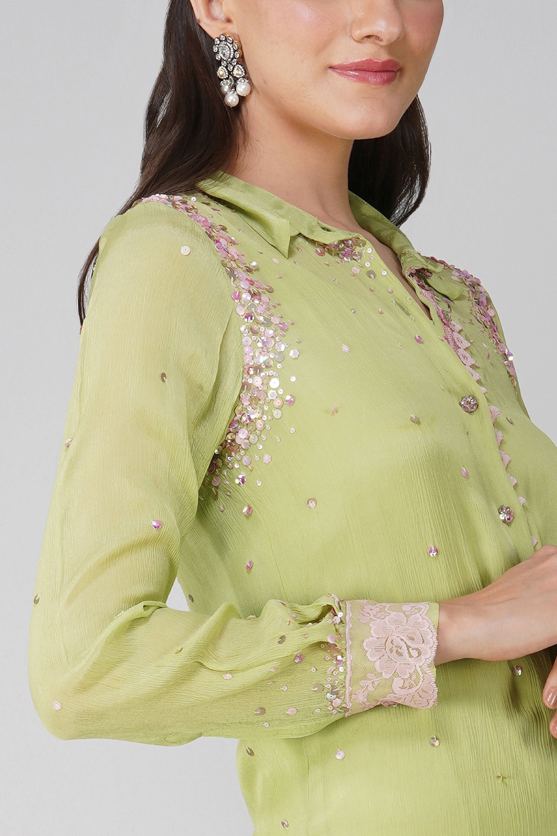 Green Chiffon Shirt Set by Devyani Mehrotra with Chiffon, Embellished, Green, Indian Wear, Natural, Party Wear, Regular Fit, Womenswear at Kamakhyaa for sustainable fashion