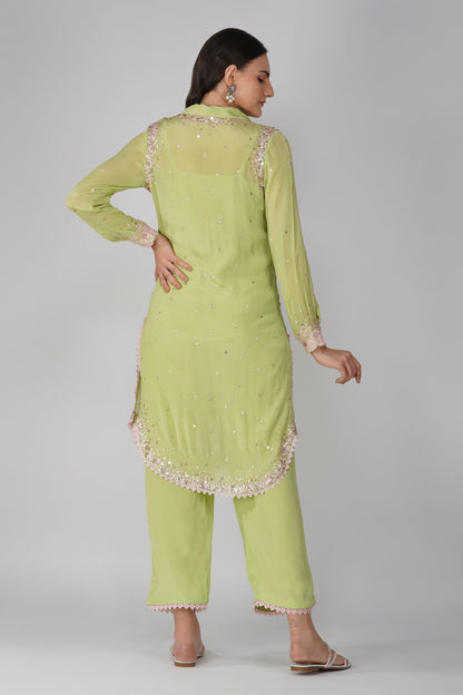 Green Chiffon Shirt Set by Devyani Mehrotra with Chiffon, Embellished, Green, Indian Wear, Natural, Party Wear, Regular Fit, Womenswear at Kamakhyaa for sustainable fashion