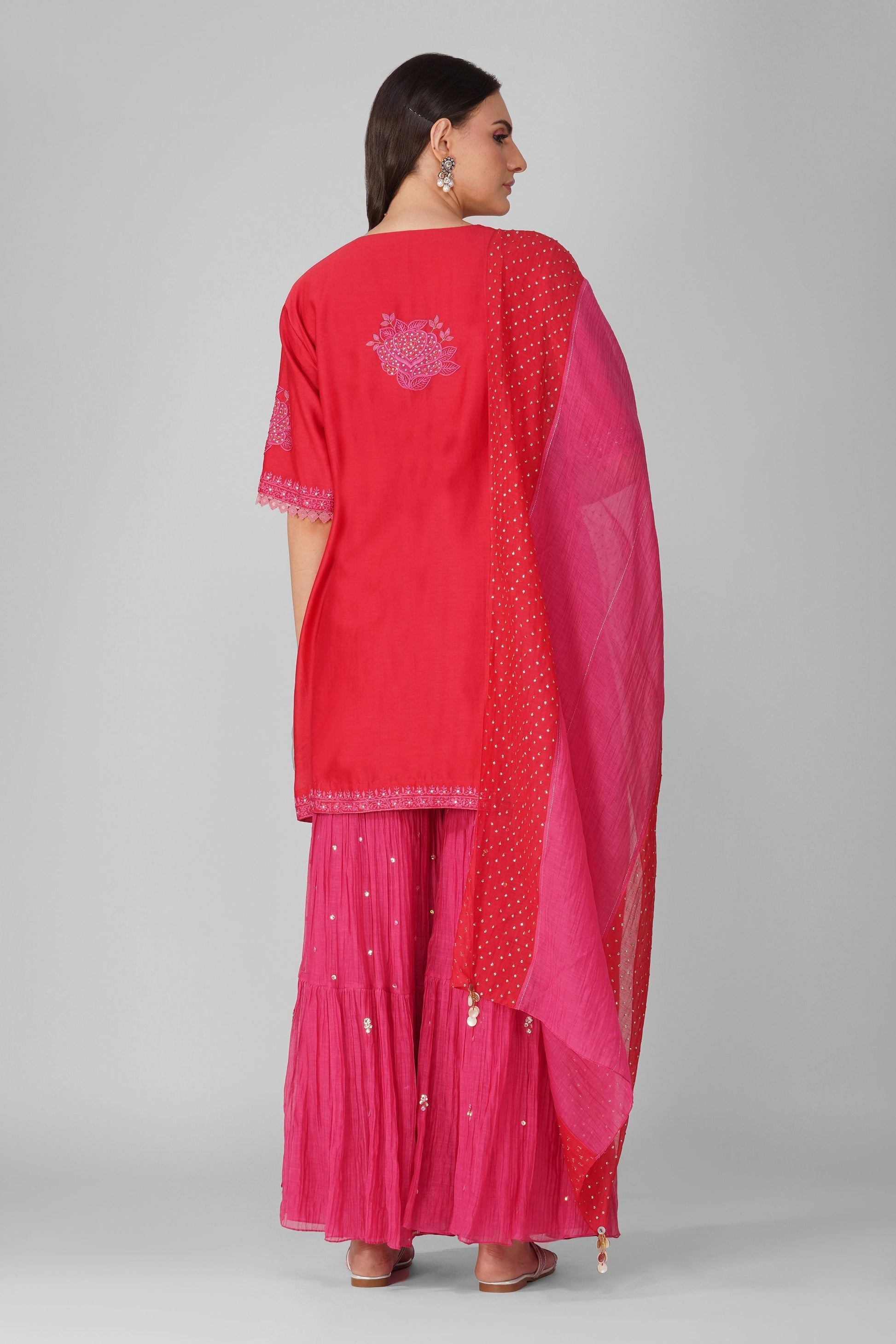 Pink And Red Chanderi Two-Tone Garara Set by Devyani Mehrotra with Chanderi, Hand Embroidered, Indian Wear, Natural, Party Wear, Pink, Red, Regular Fit, Womenswear at Kamakhyaa for sustainable fashion