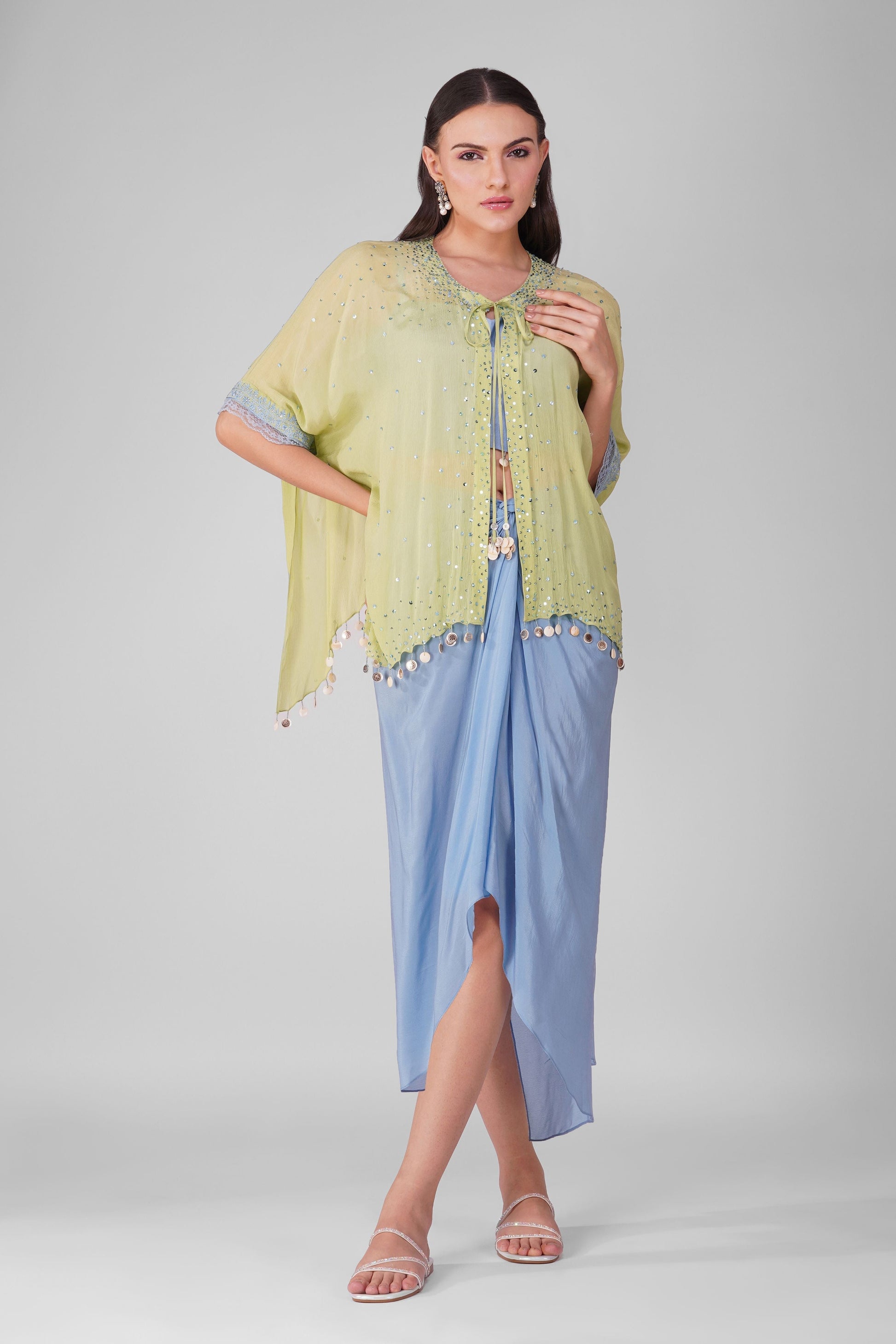 Blue Chiffon Drape skirt and Cape Set by Devyani Mehrotra with Blue, Chiffon, Embellished, Green, Indian Wear, Natural, Party Wear, Regular Fit, Womenswear at Kamakhyaa for sustainable fashion