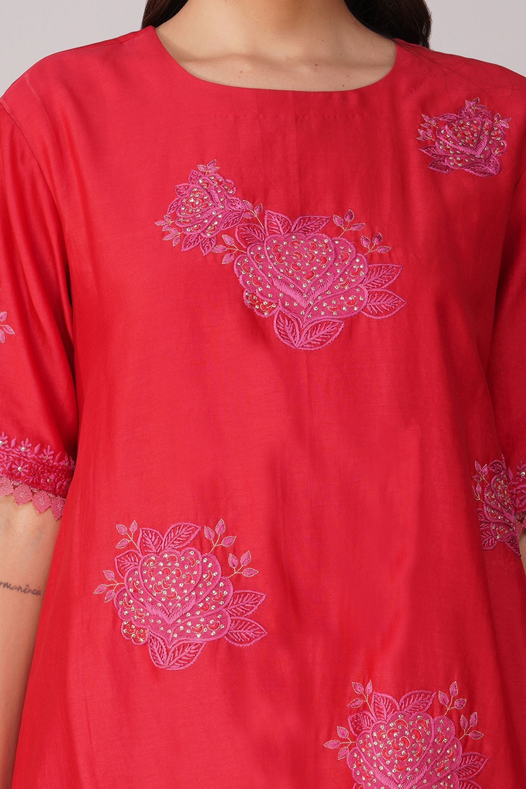 Pink And Red Chanderi Two-Tone Garara Set by Devyani Mehrotra with Chanderi, Hand Embroidered, Indian Wear, Natural, Party Wear, Pink, Red, Regular Fit, Womenswear at Kamakhyaa for sustainable fashion