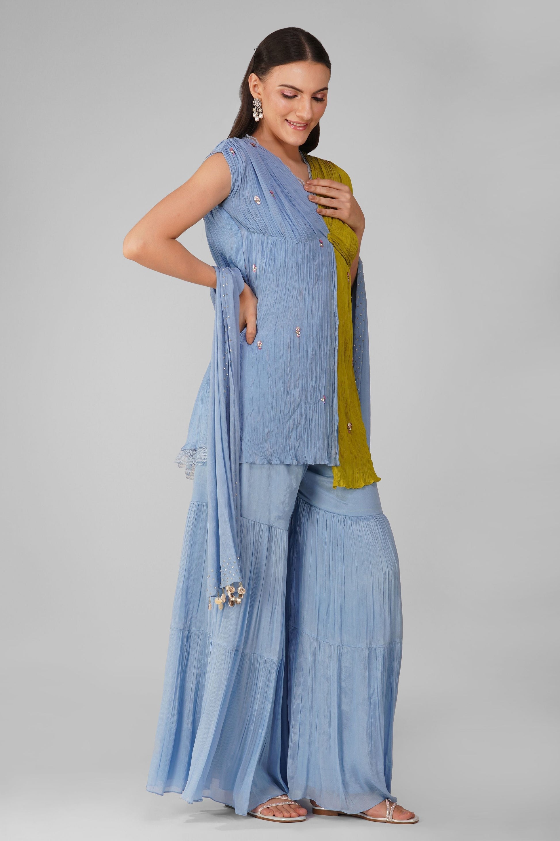 Blue Chiffon Knotted Kurta And Garara Set by Devyani Mehrotra with Blue, Chiffon, Embellished, Indian Wear, Natural, Party Wear, Regular Fit, Womenswear at Kamakhyaa for sustainable fashion