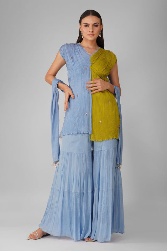 Blue Chiffon Knotted Kurta And Garara Set by Devyani Mehrotra with Blue, Chiffon, Embellished, Indian Wear, Natural, Party Wear, Regular Fit, Womenswear at Kamakhyaa for sustainable fashion