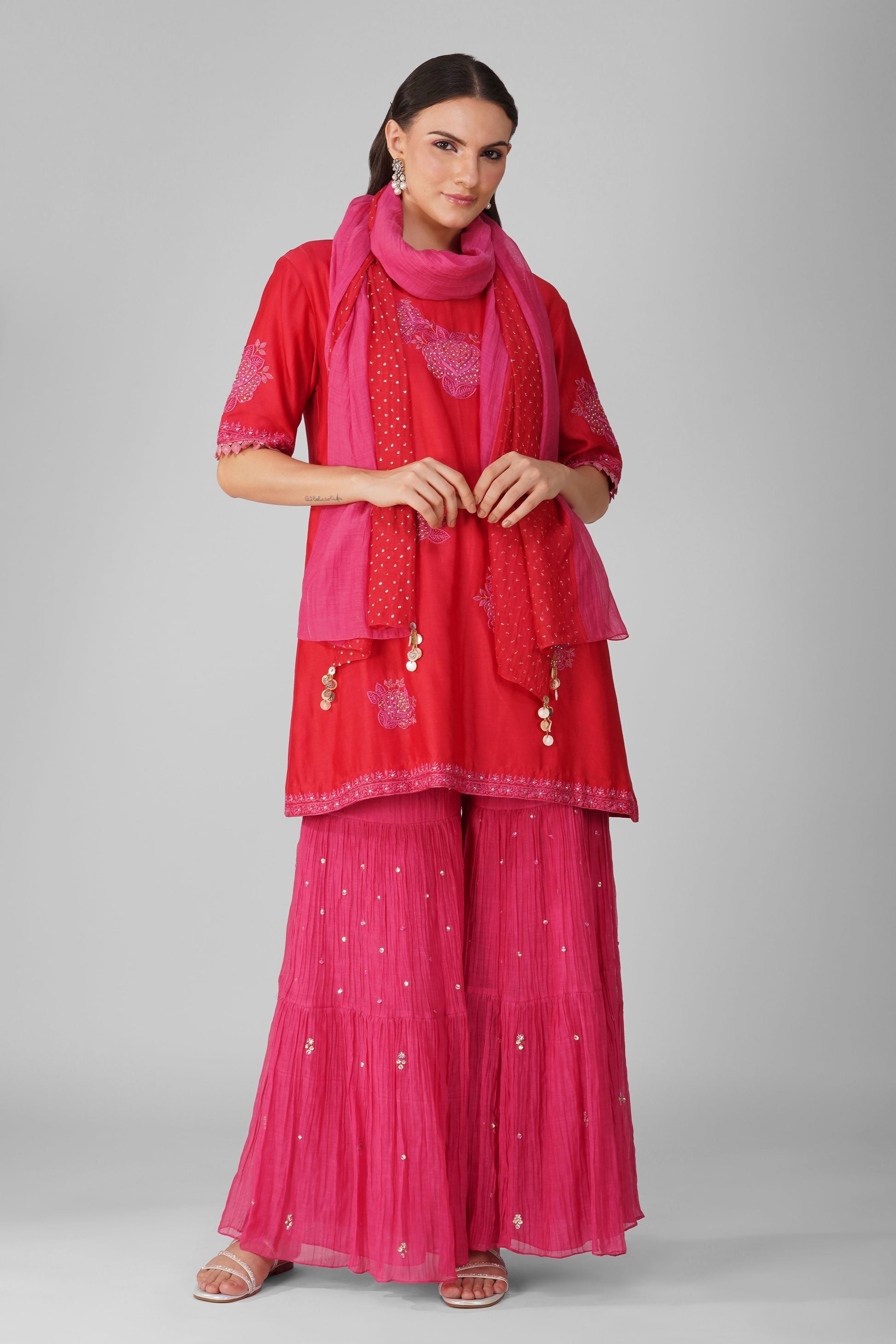 Pink And Red Chanderi Two-Tone Garara Set by Devyani Mehrotra with Chanderi, Hand Embroidered, Indian Wear, Natural, Party Wear, Pink, Red, Regular Fit, Womenswear at Kamakhyaa for sustainable fashion