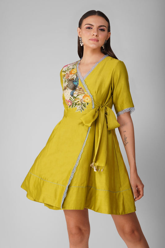 Green Chanderi Applique Wrap Dress by Devyani Mehrotra with Chanderi, Embellished, Green, Indian Wear, Natural, Party Wear, Regular Fit, Womenswear at Kamakhyaa for sustainable fashion