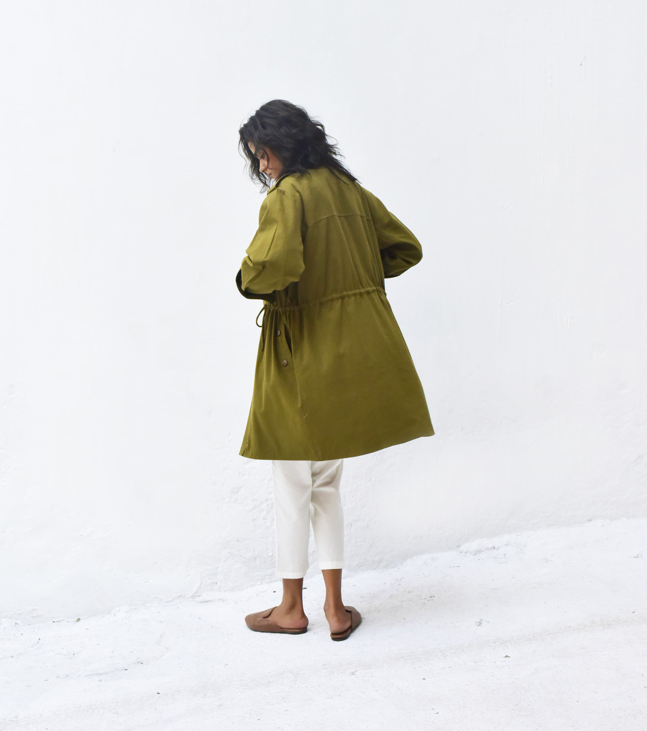 Olive Green Parka Jacket by Khara Kapas with Casual Wear, Green, Jackets, Organic, Relaxed Fit, Solids, Twill, Womenswear at Kamakhyaa for sustainable fashion