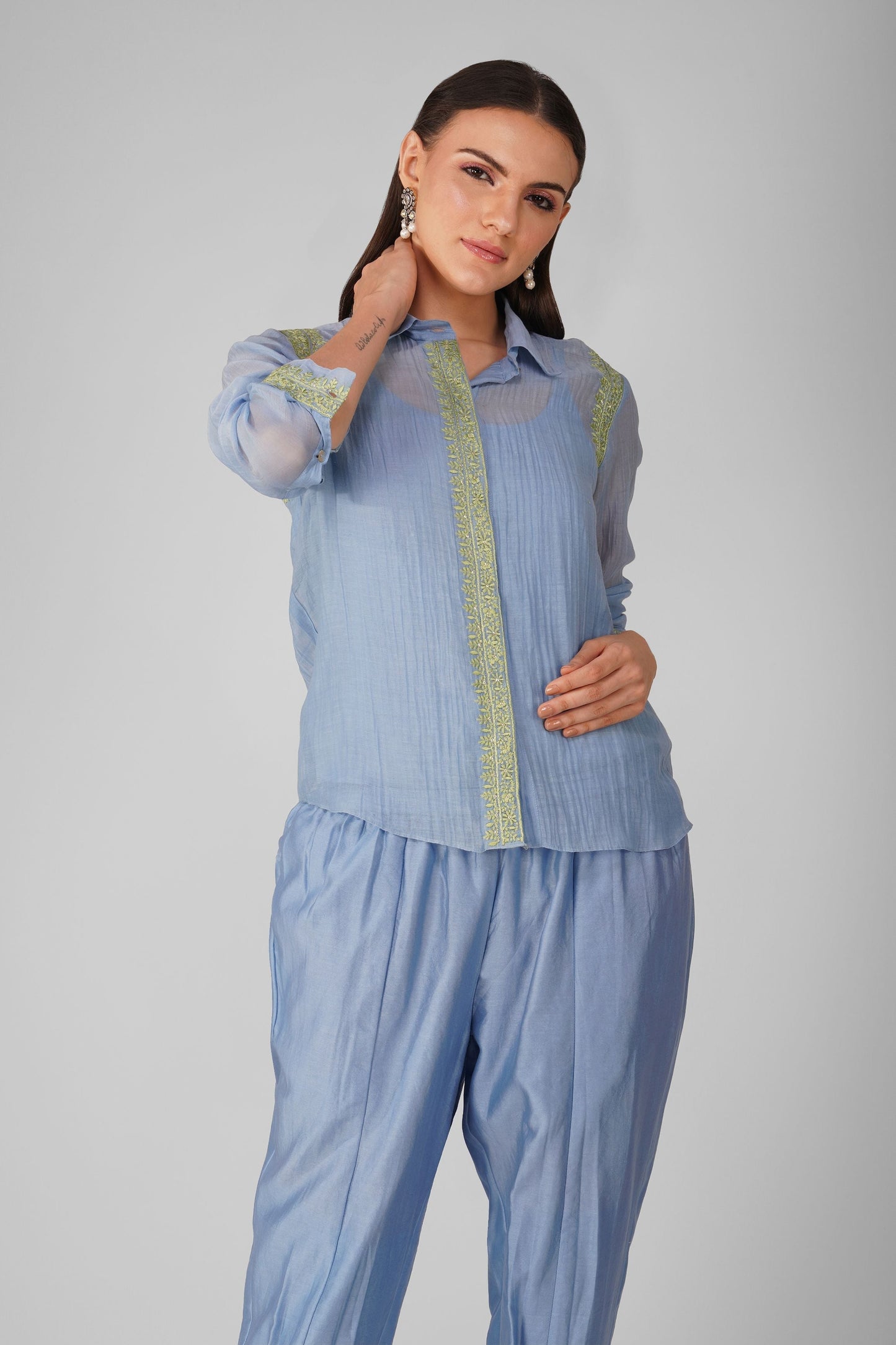 Blue Chanderi Shirt by Devyani Mehrotra with Blue, Chanderi, Embellished, Indian Wear, Natural, Party Wear, Regular Fit, Shirts, Womenswear at Kamakhyaa for sustainable fashion