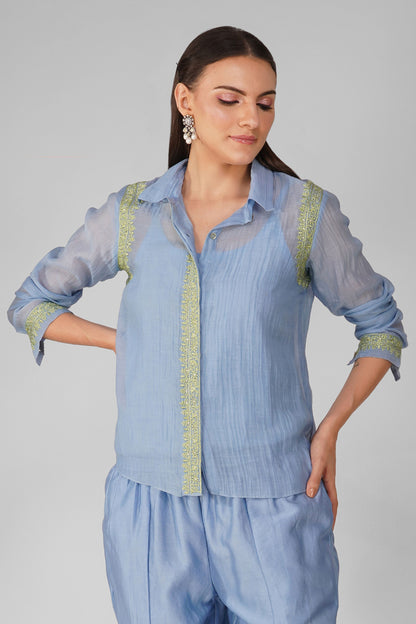 Blue Chanderi Shirt by Devyani Mehrotra with Blue, Chanderi, Embellished, Indian Wear, Natural, Party Wear, Regular Fit, Shirts, Womenswear at Kamakhyaa for sustainable fashion