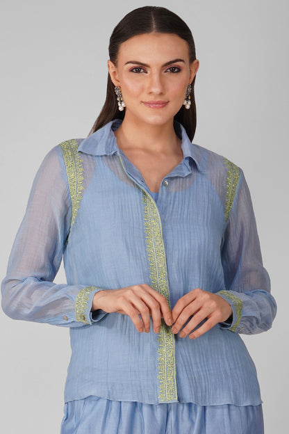 Blue Chanderi Shirt by Devyani Mehrotra with Blue, Chanderi, Embellished, Indian Wear, Natural, Party Wear, Regular Fit, Shirts, Womenswear at Kamakhyaa for sustainable fashion