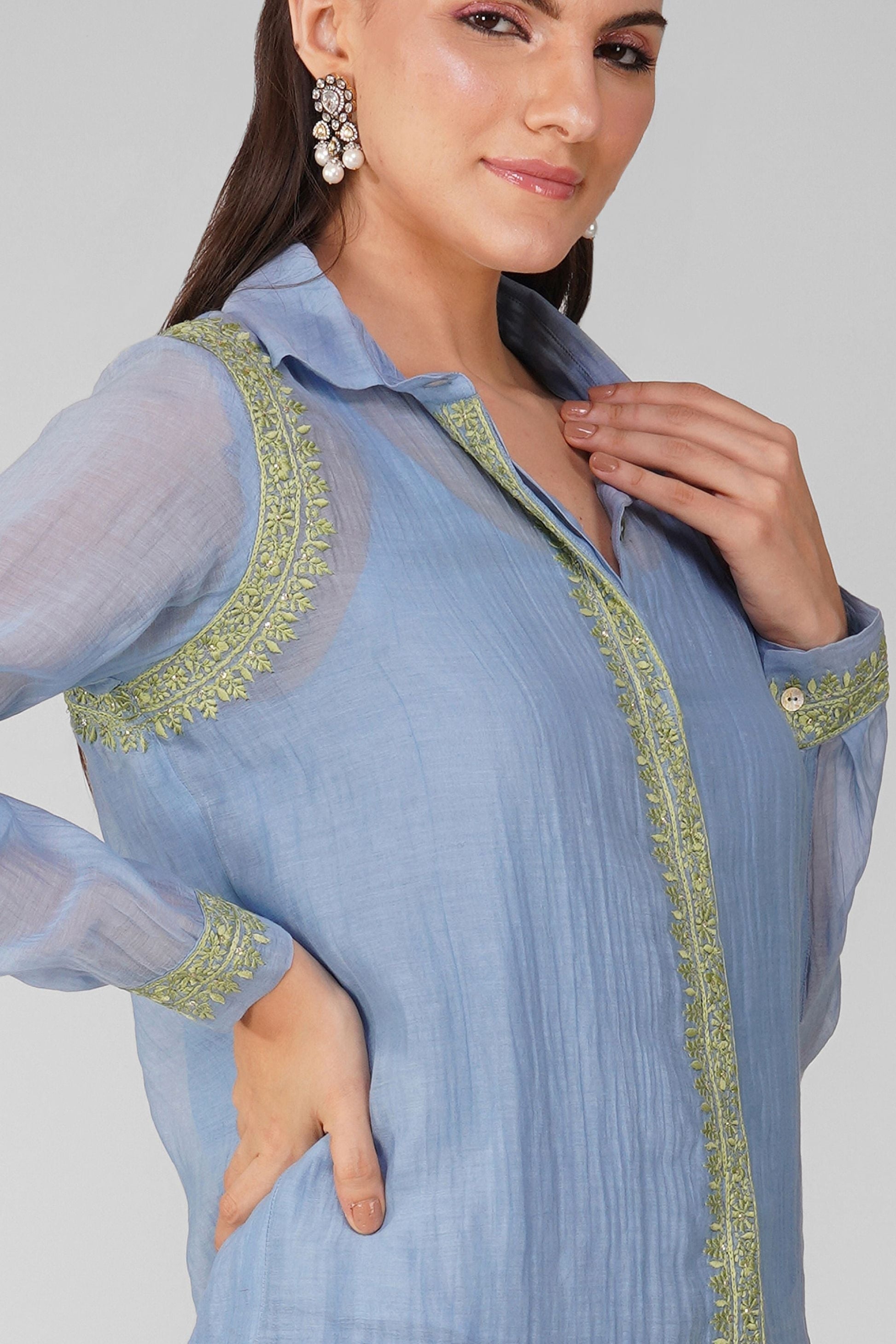 Blue Chanderi Shirt by Devyani Mehrotra with Blue, Chanderi, Embellished, Indian Wear, Natural, Party Wear, Regular Fit, Shirts, Womenswear at Kamakhyaa for sustainable fashion