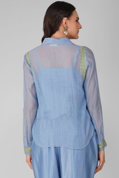 Blue Chanderi Shirt by Devyani Mehrotra with Blue, Chanderi, Embellished, Indian Wear, Natural, Party Wear, Regular Fit, Shirts, Womenswear at Kamakhyaa for sustainable fashion