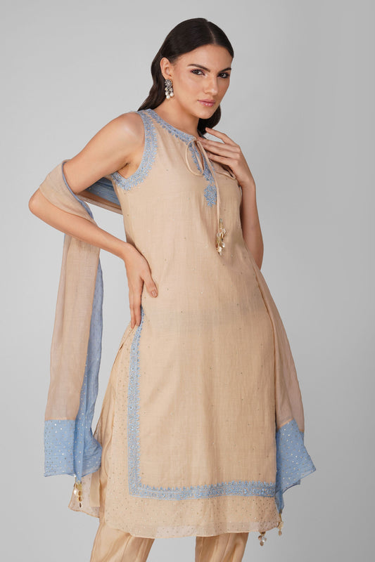 Beige And Blue Kurta Pant Set by Devyani Mehrotra with Beige, Chanderi, Embellished, Indian Wear, Natural, Party Wear, Regular Fit, Womenswear at Kamakhyaa for sustainable fashion