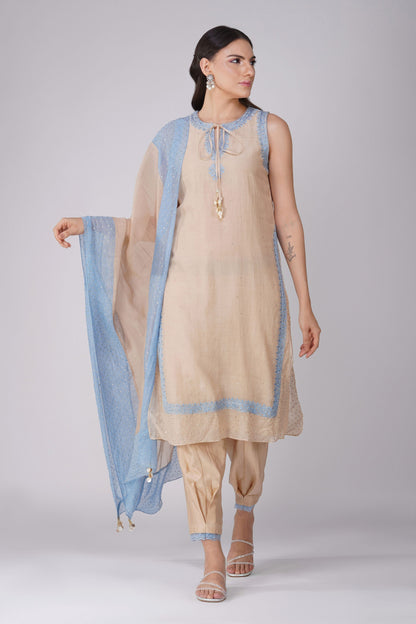 Beige And Blue Kurta Pant Set by Devyani Mehrotra with Beige, Chanderi, Embellished, Indian Wear, Natural, Party Wear, Regular Fit, Womenswear at Kamakhyaa for sustainable fashion