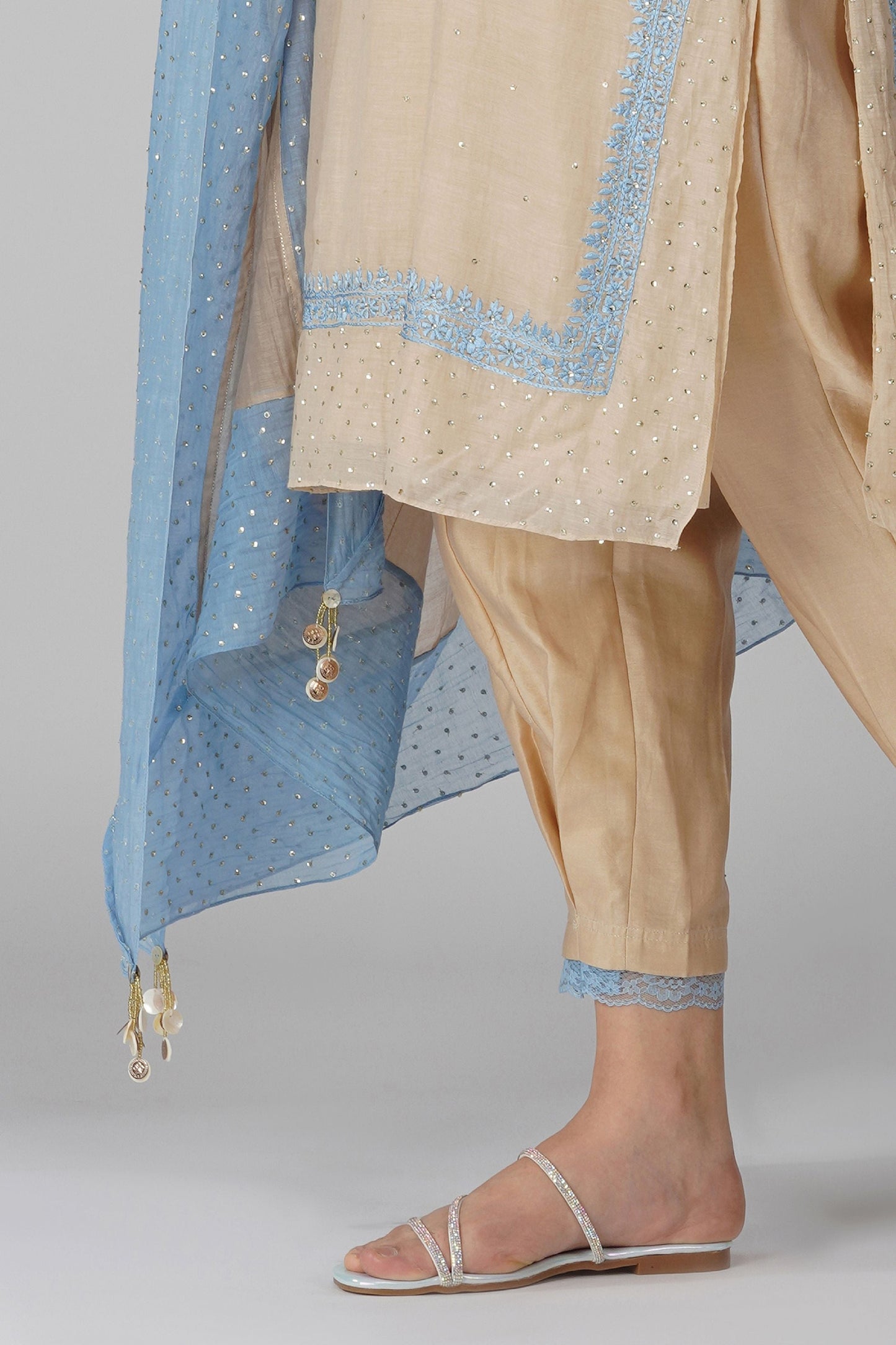 Beige And Blue Kurta Pant Set by Devyani Mehrotra with Beige, Chanderi, Embellished, Indian Wear, Natural, Party Wear, Regular Fit, Womenswear at Kamakhyaa for sustainable fashion