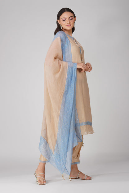 Beige And Blue Kurta Pant Set by Devyani Mehrotra with Beige, Chanderi, Embellished, Indian Wear, Natural, Party Wear, Regular Fit, Womenswear at Kamakhyaa for sustainable fashion