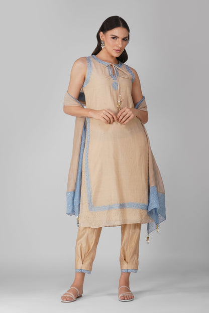 Beige And Blue Kurta Pant Set by Devyani Mehrotra with Beige, Chanderi, Embellished, Indian Wear, Natural, Party Wear, Regular Fit, Womenswear at Kamakhyaa for sustainable fashion