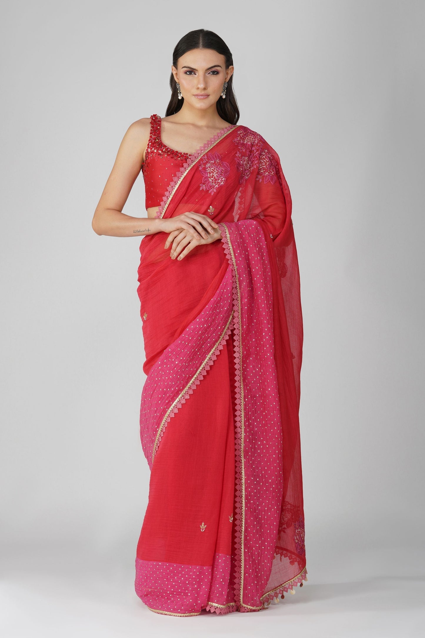 Red And Pink Two-Tone Saree Set by Devyani Mehrotra with Chanderi, Embellished, Hand Embroidered, Indian Wear, Natural, Party Wear, Red, Regular Fit, Womenswear at Kamakhyaa for sustainable fashion