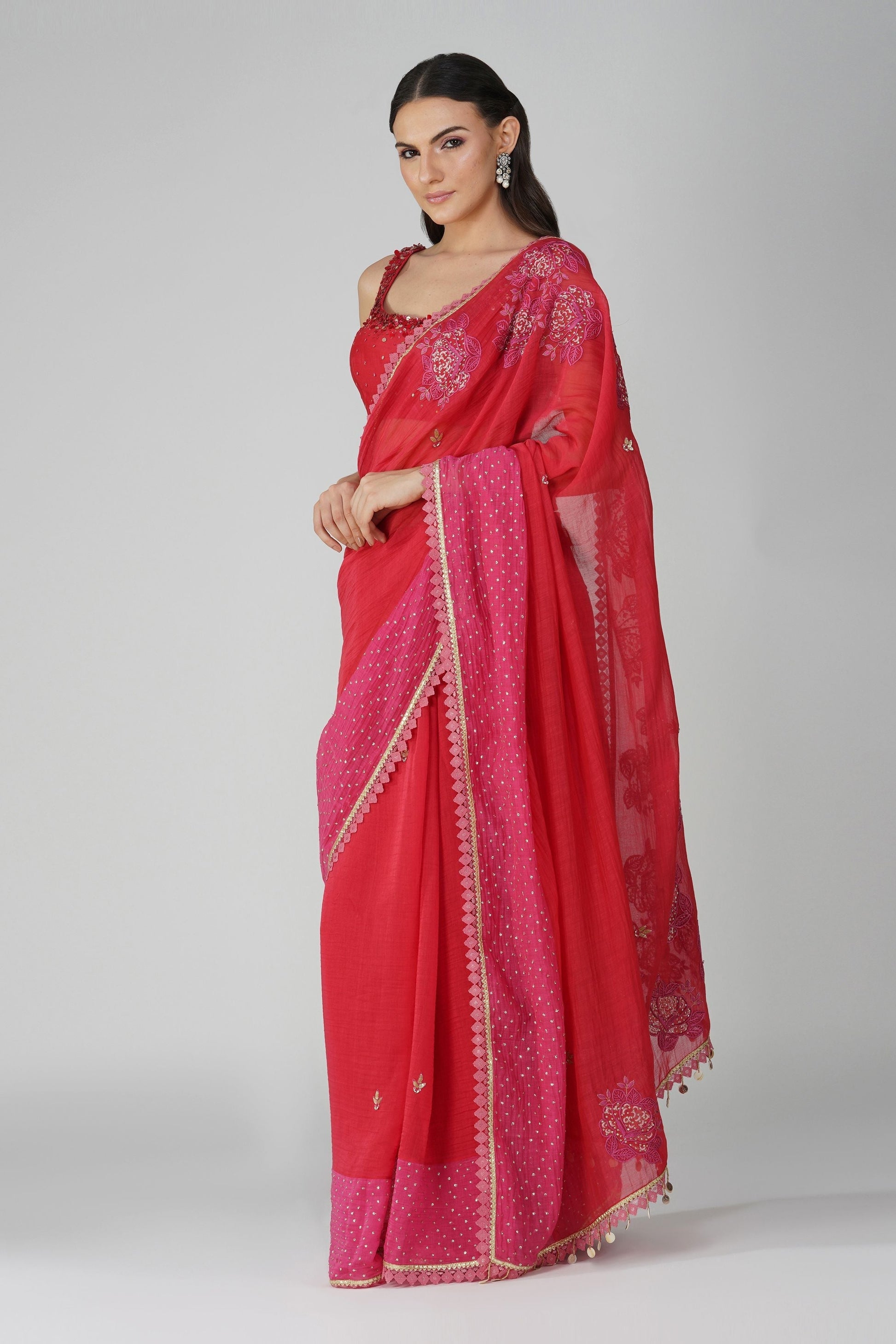 Red And Pink Two-Tone Saree Set by Devyani Mehrotra with Chanderi, Embellished, Hand Embroidered, Indian Wear, Natural, Party Wear, Red, Regular Fit, Womenswear at Kamakhyaa for sustainable fashion