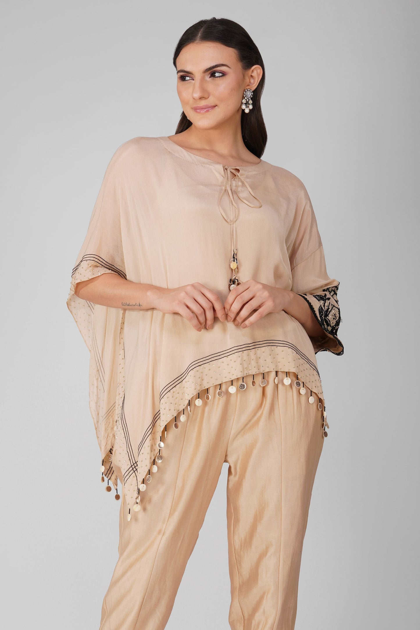 Beige Chiffon Asymmetric Cape Set by Devyani Mehrotra with Beige, Chiffon, Complete Sets, Embellished, Indian Wear, Natural, Party Wear, Regular Fit, Womenswear at Kamakhyaa for sustainable fashion